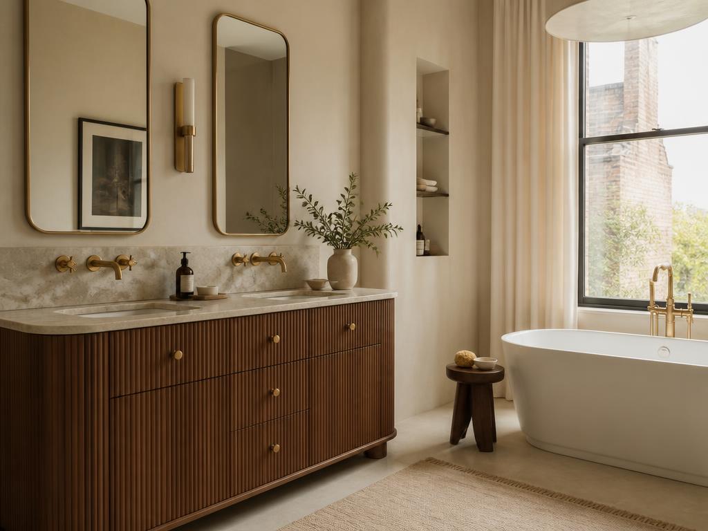 Zenith Bath Collection — fluted walnut vanity with honed marble and antique brass fittings