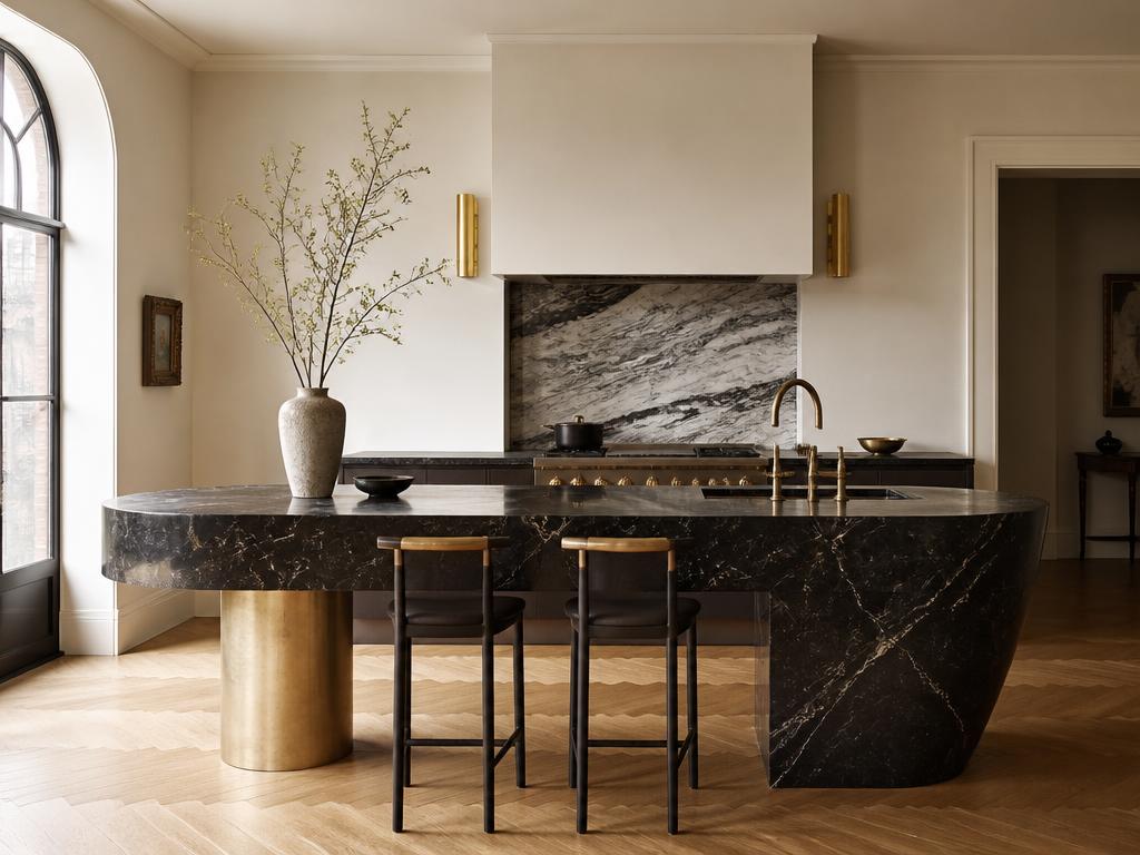 The Modernist Nero kitchen — sculptural dark marble island with brass detailing