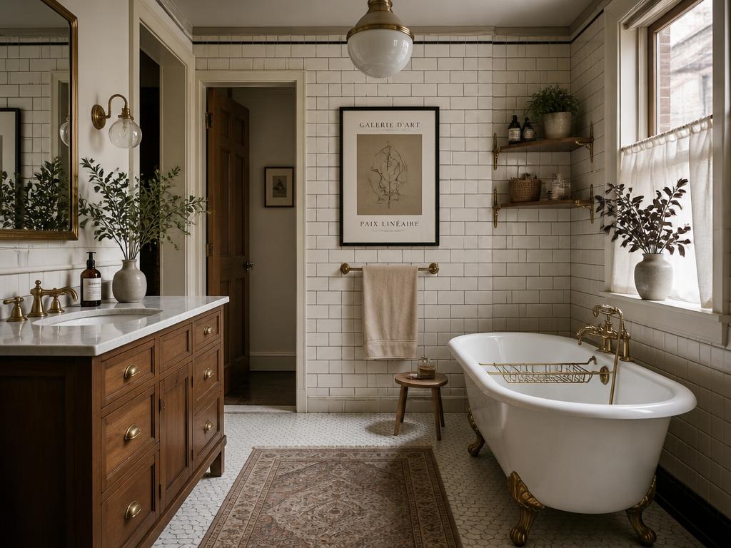 Brooklyn Heritage — classic white subway tile bathroom with warm wood and brass fixtures