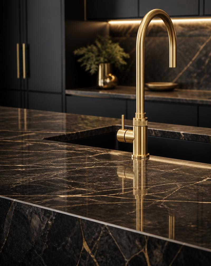 Dark marble kitchen island with gold faucet