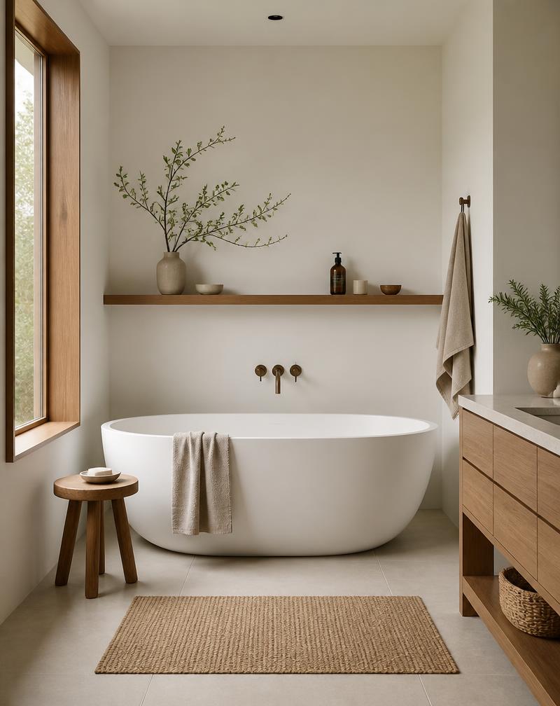 Freestanding bathtub with natural wood accents