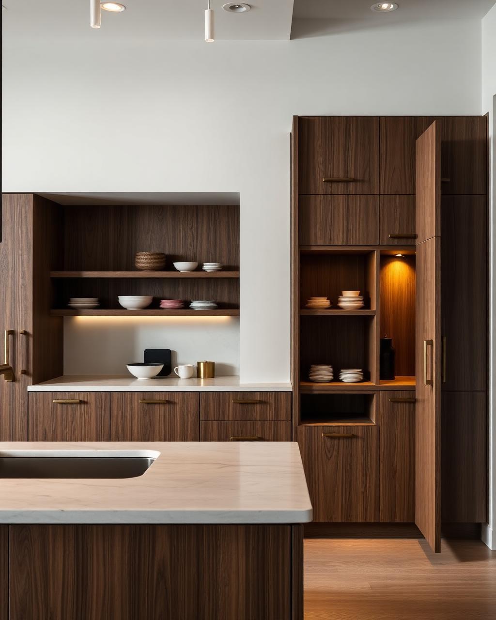 Dark walnut kitchen pantry with brass hardware and open shelving