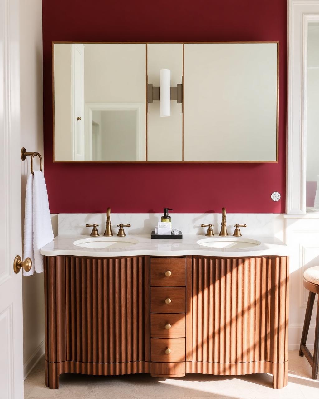 Fluted walnut double bathroom vanity with marble top and brass faucets